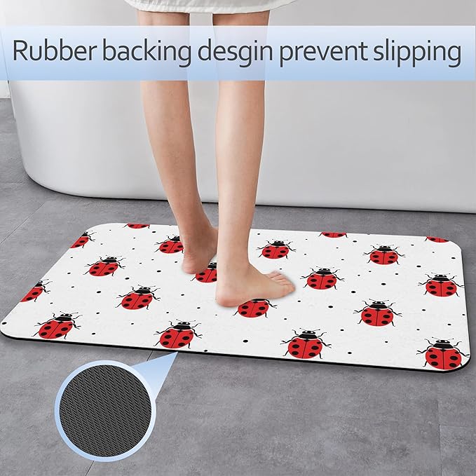 Cute Red Ladybugs Bathroom Rug 29.5"x17", Super Absorbent Fast Drying Bath Mat with Non-Slip Rubber Backing, Thin Low-Profile Easy-Clean Bathroom Floor Mat for Shower or Tub