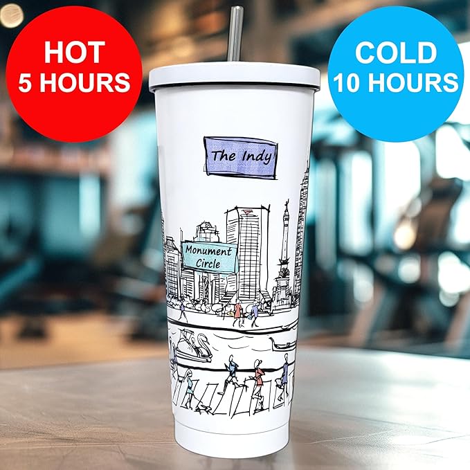Cities Around the World 25 Oz Tumbler Series - Designed in the USA - Vacuum Insulated Tumbler with Lids & Straw - Stainless Steel Coffee Water Travel Mug, for Hot Cold Drink (Indianapolis)
