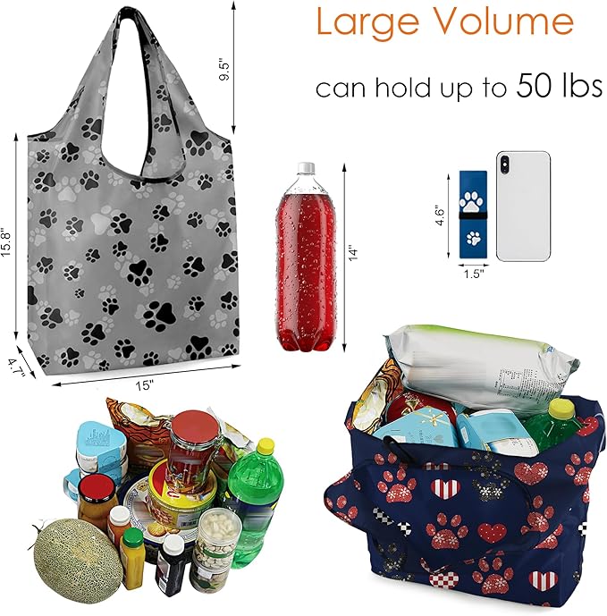 BeeGreen Dog Paws Reusable Grocery Bags with Zipper Storage Pouch 6 Pieces Dogs Reusable Shopping Bags Bulk with Elastic Band Foldable-Machine Washable Pets Gifts Tote Bags
