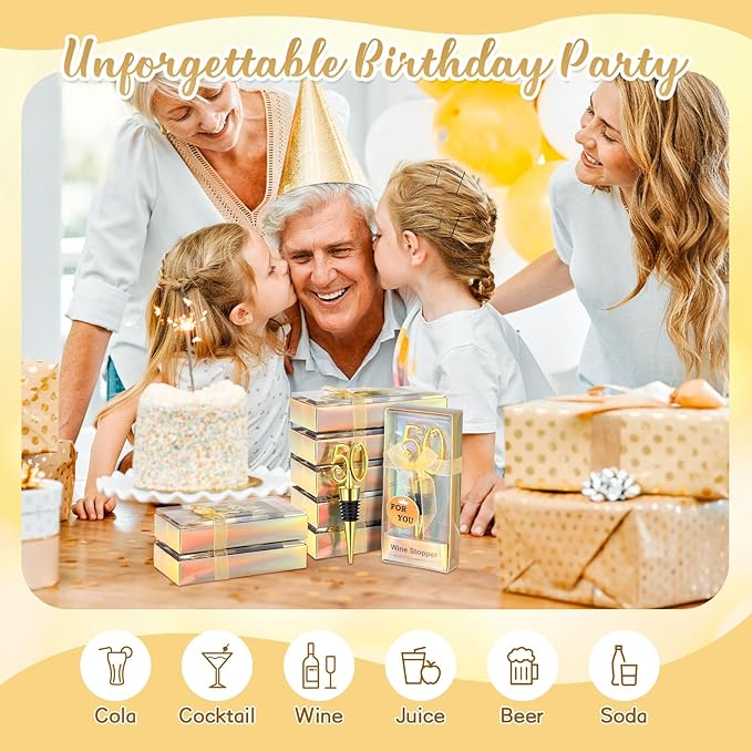 Hushee 30 Pcs 50th Birthday Party Favors for Guests Birthday Bottle Opener Golden Wine Stoppers with Rhinestones for Adults Women Wedding Party Anniversary Souvenirs Keepsakes
