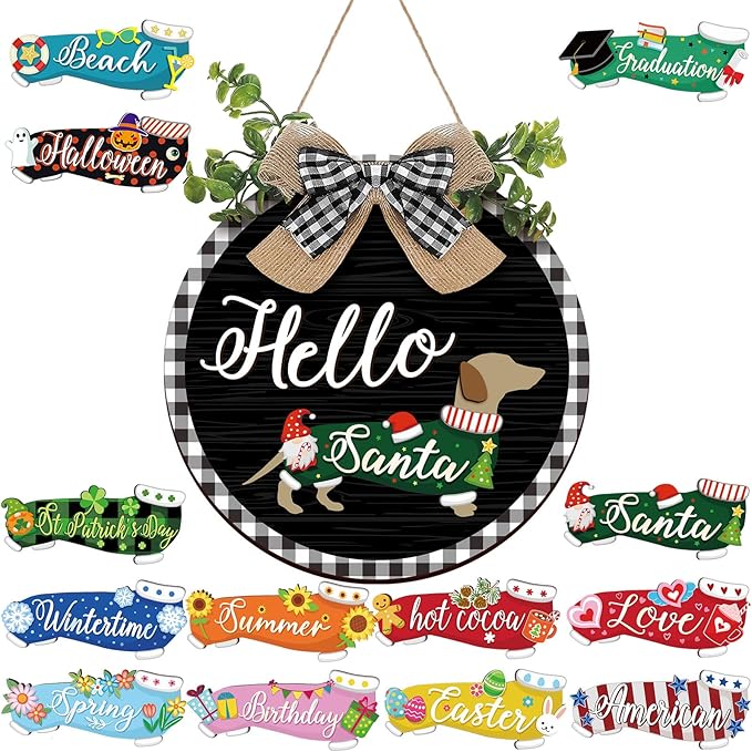 Glenmal 16 Pcs Seasonal Dachshund Door Decor for All Season and Holiday Hanging Cute Christmas Dachshund Welcome Sign Rustic Wooden Farmhouse Front Door Signs Outdoor(Black with Plaid Frame)