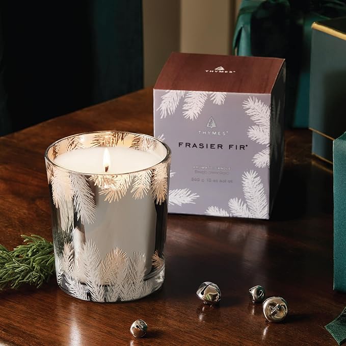 Thymes Frasier Fir Candle – Pine Needle Design – Holiday Scented Candle – Notes of Crisp Siberian Fir, Cedarwood & Sandalwood – Luxury Home Fragrance Gifts for Women & Men – Silver (Statement, 13 oz)