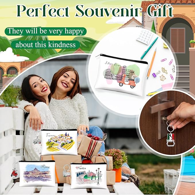 Landical 6 Sets Italy Souvenir Gifts Include 6 Pcs Italian Cosmetic Bag and 6 Pcs Metal Keychain for Women Traveler Christmas Party Gifts
