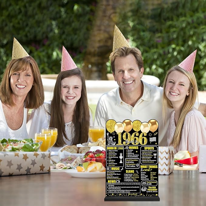 Black Gold 60th Birthday Decorations Gifts for Men Women, Two-Sided Vintage 60 Back in 1966 Theme Poster Wooden Table Sign with Stand, Sixty Years Old Bday Centerpieces Holder for Table Decor