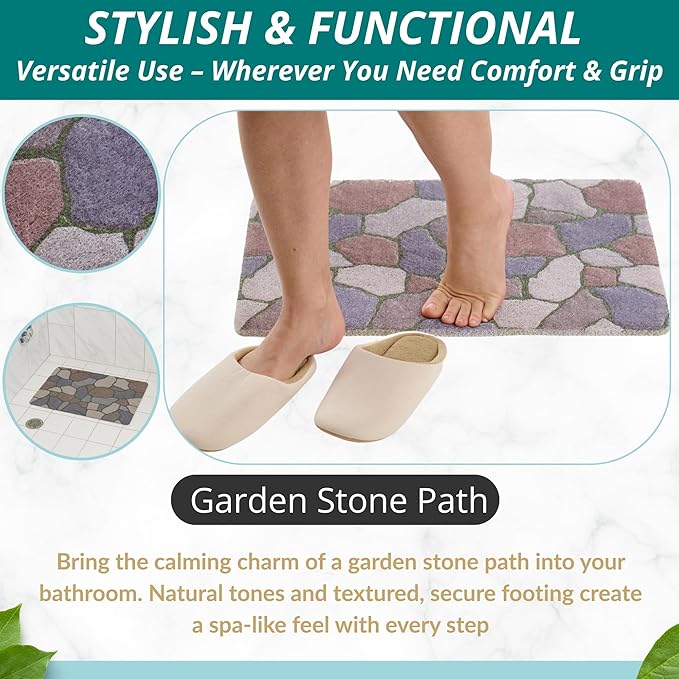 ENKOSI Loofah Non-Slip Shower and Bath Mat - Soft Cushioned Comfort - No Suction Cups for Smooth or Textured Tubs - Fast Draining - Safety for Bathroom, Family, Kids, and Elderly (24x16 Stone Path)