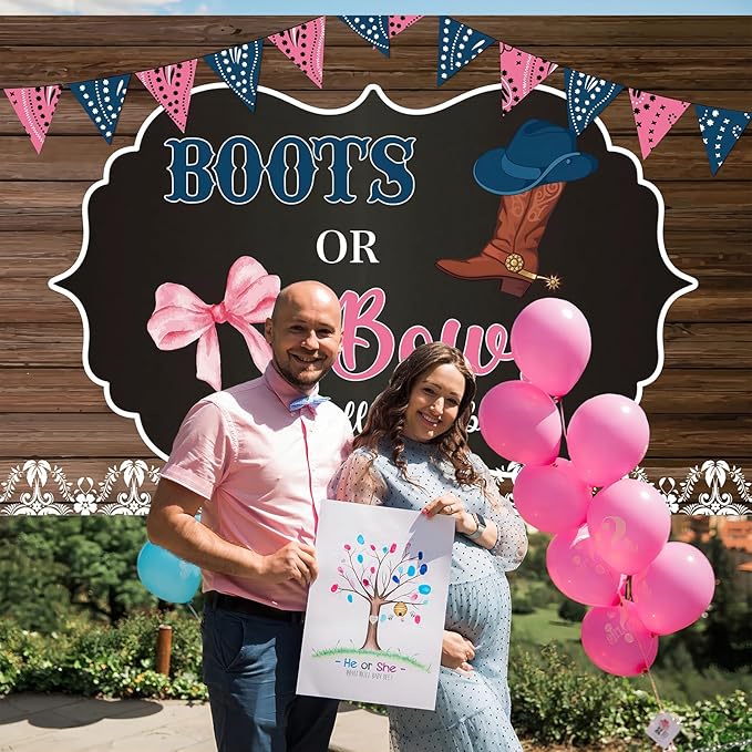 Western Cowboy Boots or Bows Gender Reveal Backdrop for Boy or Girl 7x5Ft Baby Shower Newborn Party Banner Photo Background Party Decoration Supplies Polyester Fabric Reusable