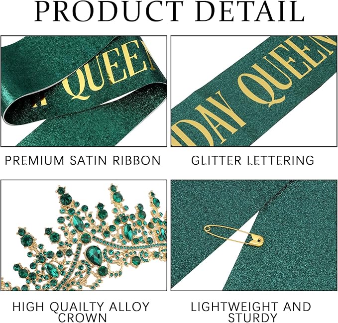 COCIDE Green Birthday Queen Sash for Women Happy Birthday Crowns Princess Tiaras Sashes for Girl Crystal Party Decorations Rhinestone Headband Supplies Decor