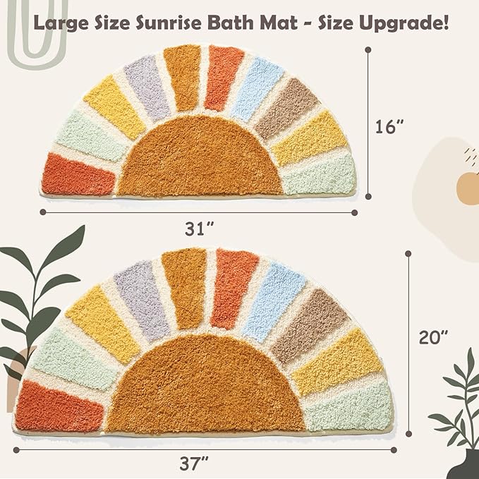 Large 37" x 20" Sunrise Boho Bathroom Rugs,Half Circle Bath Mat Cute,Sun Bath Mats,Retro Bohemian Half Round Home Bathroom Decor,Small Colorful Fun Semi Round Shower Rug Non-Slip