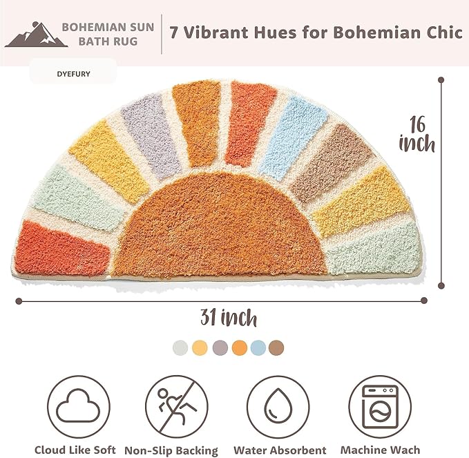 2 Pack Sunrise Boho Bathroom Rugs, Half Circle Bath Mat Cute, Sun Bath Mats,Retro Bohemian Home Bathroom Decor, Small Colorful Fun Semi Round Shower Rug, Funny Washable Rug Bedroom 31" x16
