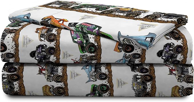 Jay franco Monster Jam Tracks 4 Piece Twin Bed Set - Includes Comforter & Sheet Set - Bedding Features Grave Digger & Megalodon - Super Soft Fade Resistant Microfiber (Official Monster Jam Product)
