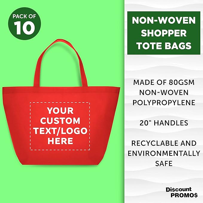 DISCOUNT PROMOS Custom Southern Style Grocery Tote Bags Set of 10 - Personalized Bulk Pack, Reusable Grocery & Shopping Bags - Great for Travel, Business Promotions, July 4th - Red - 20"X13"X8"