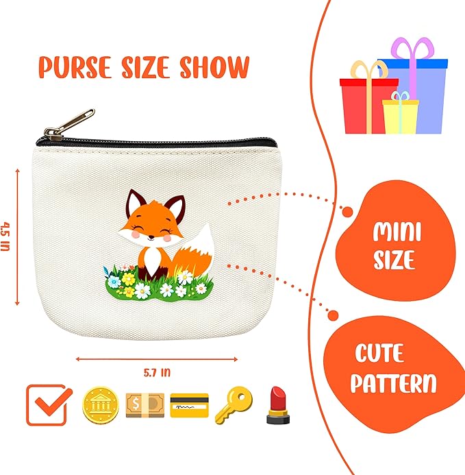 Fox Coin Purse Pouch Bag Holder for Teens Girls Women Kids, Animal Lovers Gifts Stuff Decor, Small Mini Purse Coin Card Key Headset Lipstick!