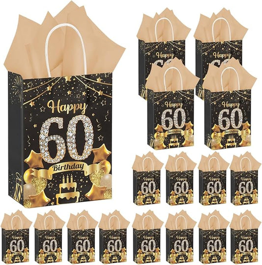 50Pcs 60th Birthday Party Favors Gift Bags Bulk, Black and Gold Happy 60th Gift Candy Wrap Bags with Tissue Paper, Vintage 60th Birthday Decorations Souvenir Bag for Men Women Anniversary Supplies (60th)