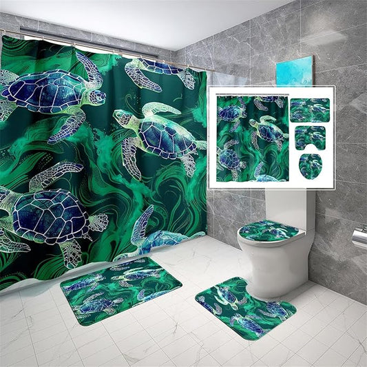 4 Pcs Turtle Shower Curtain - Ocean World Shower Curtain for Bathroom Ocean Shower Curtains Turtle Shower Curtain Set with Rug,Toilet Cover and Bath Mat with 12 Hooks