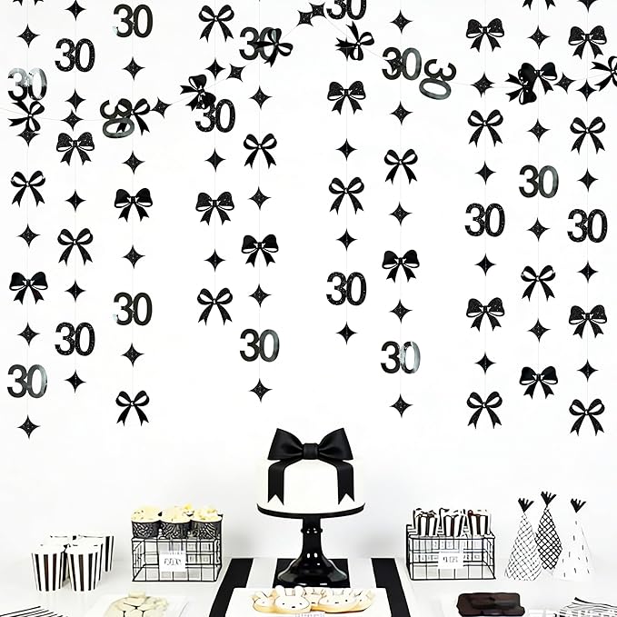 Black 30th Bow Birthday Decorations Glitter Conquette Bow Garland Streamer Banner for Womens Mens Happy 30th Birthday 30 and Fabulous Cheers to 30 Years Old Anniversary Vintage 1995 Party Supplies