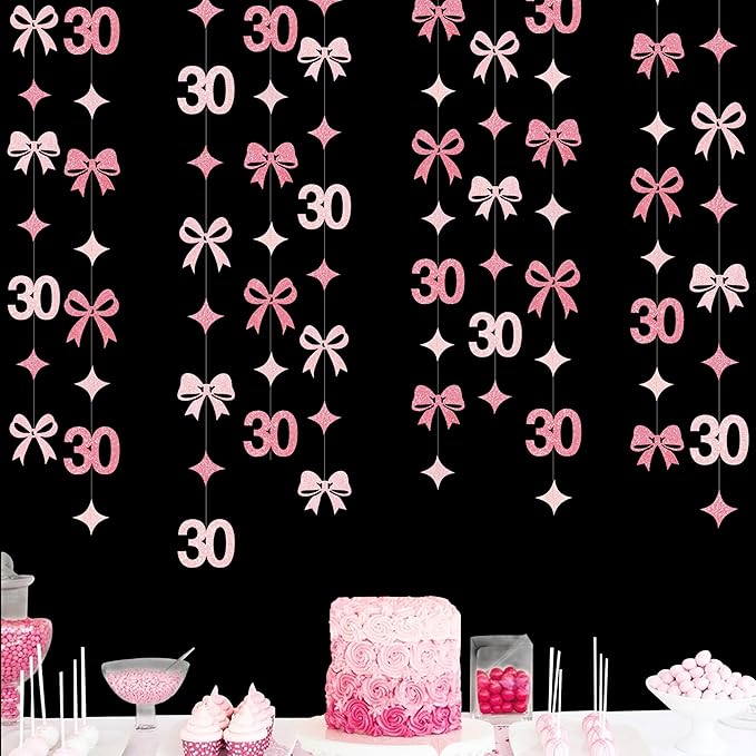 Glitter Pink 30th Bow Birthday Decorations Hot Pink Conquette Bow Garland Streamer Banner Backdrop for Womens Happy 30th Birthday Dirty Thirty Cheers to 30 Years Old Anniversary Party Supplies