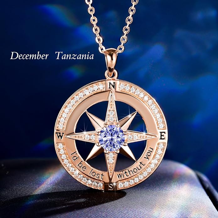 S925 Necklace Birthstone Compass Gift for Women Jewelry Sterling Silver Necklace for Wife Wedding Anniversary Girlfriend Birthday Gifts for Her Valentines Day Mom Mothers Day