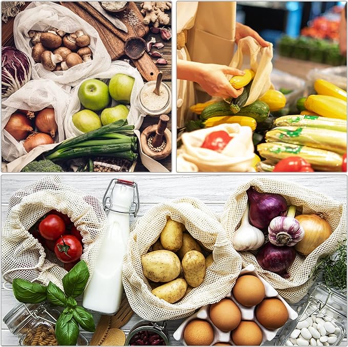 Reusable Produce Bags - Organic Cotton Mesh Bags with Drawstring for Onions, Vegetables & Fruit (12 Pack)
