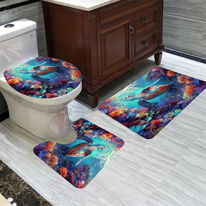 4 Pcs Kids Shower Curtain Set - Sea Turtle Shower Curtain Set Sea Turtle Bathroom Set with Rug,Toilet Cover and Bath Mat with 12 Hooks