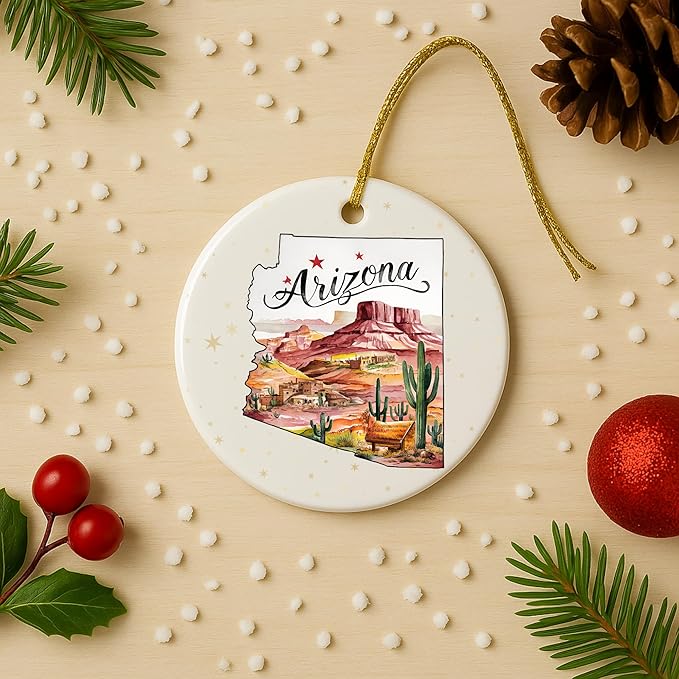 USA State Landmark Ceramic Ornament – Round Glossy Christmas Decoration Featuring U.S. State Art, Landmarks & Holiday Scenery – Collectible Travel Souvenir Ornament Series (Arizona)