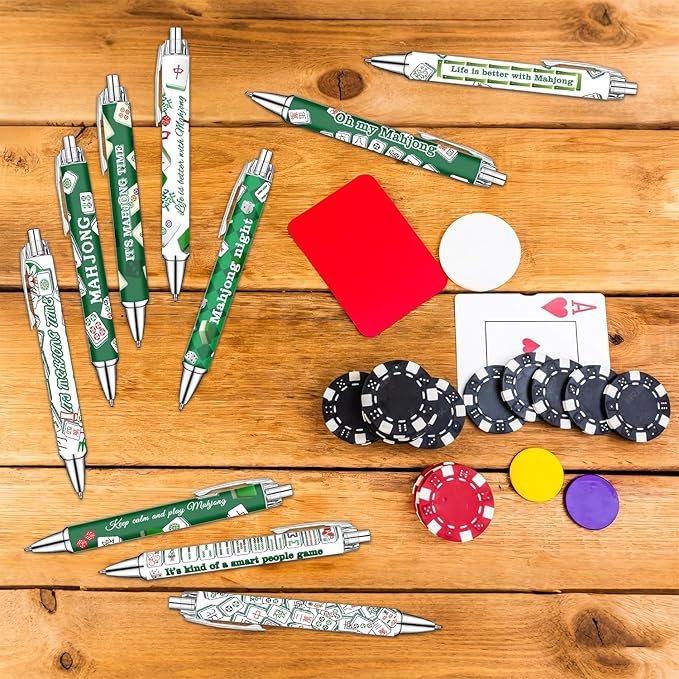 Idealmuzik Mahjong Theme Ballpoint Pens Set of 10 – Classic Tile Inspired Design with Smooth Black Ink – Fun Writing Pens for Office, Home, Game Night Gifts, Party Favors, and Everyday Use