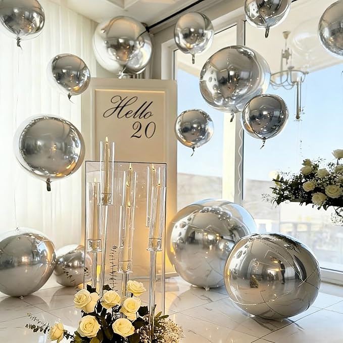 Silver Foil Balloons, 22in Large Foil Silver Balloons Metallic 4D Round Mirror Balloon for Wedding Baby Shower Birthday Graduation New Year Party Decorations