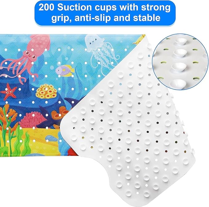 Baby Bath Mat for Tub for Kids, 40 X 16 Inch Extra Long Kids Bathtub Mat Non Slip, Cartoon Bath Tub Shower Mat Anti Slip with Drain Holes and Suction Cups Machine Washable (Whale + Dolphin, 40*16in)