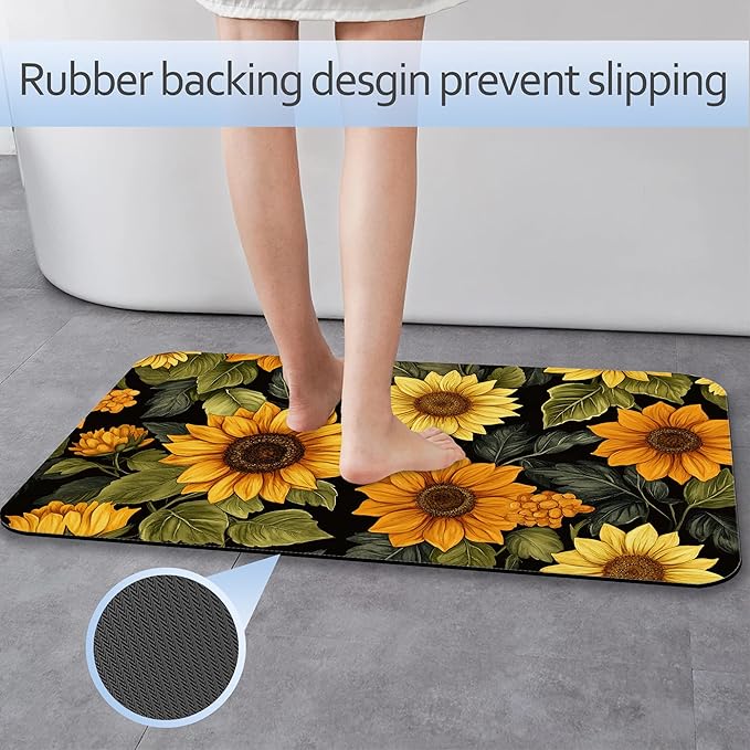 Retro Sunflowers Fast Drying Absorbent Bathroom Mat, Non-Slip Rubber Backing Thin Low-Profile Bath Rug, Easy-Clean Bathroom Floor Mat for Shower, Bathtub, Kitchen, or Entryway