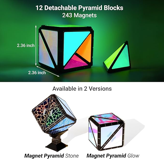 TOSY Magnet Pyramid Stone - 1 Cube Transforms into 1 Billion Shapes, 14 pcs (12 Puzzle pcs and 2 Spinners), 243 Magnets, Christmas Stocking Stuffers Gift for Kids, Creative Puzzle STEM Toy, 4-Pack