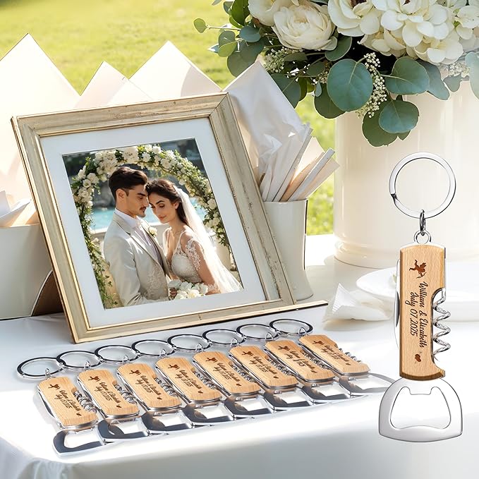 120PCS Personalized Wooden Multifunctional Bottle Opener, Customized Favors Gifts for Wedding Birthday Party, Engraved Bottle Opener Keychains for Guest