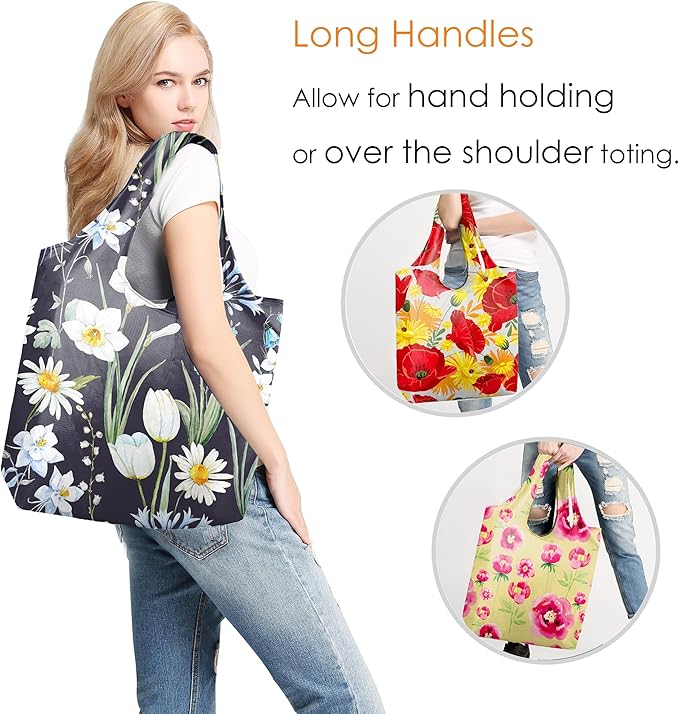 BeeGreen Flowers Reusable Grocery Bags Reusable Kitchen Bags Bulk Foldable-Machine Washable with Zipper Storage Pouch 6 Packs