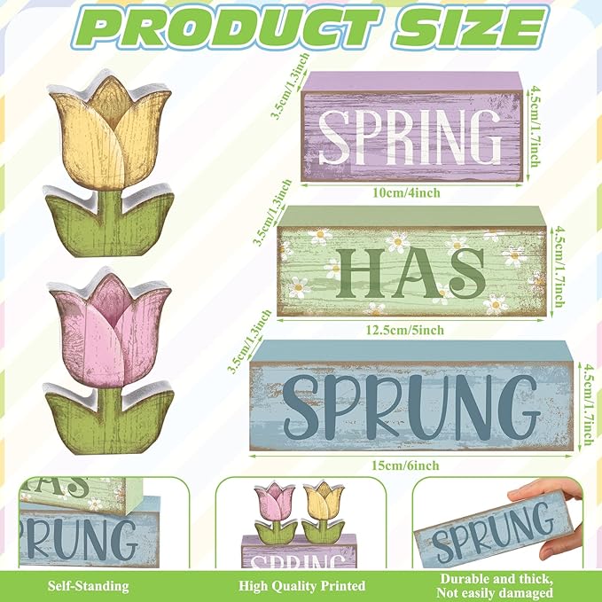 4 Pcs Spring Table Decor Wood Floral Decoration Tulip Centerpiece Spring Tiered Tray Decor Decorative Colorful Flower Block Signs Gift Farmhouse Decoration for Home Kitchen