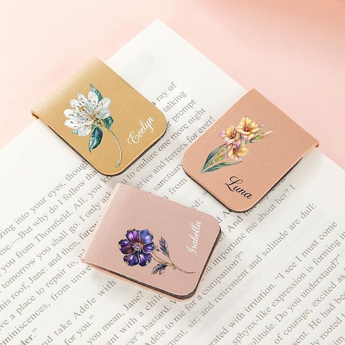 callie Personalized Magnet Bookmark Clips - Custom Retro Birth Flower & Name, Leather Magnetic Book Page Marks, Gifts for Women Men Book Lovers