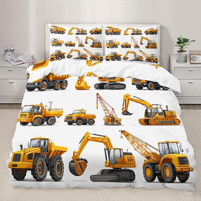 Construction Truck Bedding Set Queen Size Construction Vehicles Duvet Cover Excavator Dump Truck Crane Comforter Cover Children Machinery Cars Bed Set with Zipper Ties for Bedroom