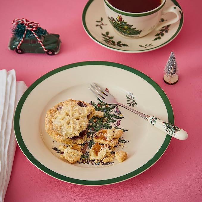 Spode Christmas Tree Pastry Forks (Set of 6), Stainless Steel Forks with Porcelain Handles for Holiday Meals, 6-Inch Festive Christmas Flatware - Seasonal Tableware & Silverware Gift Set