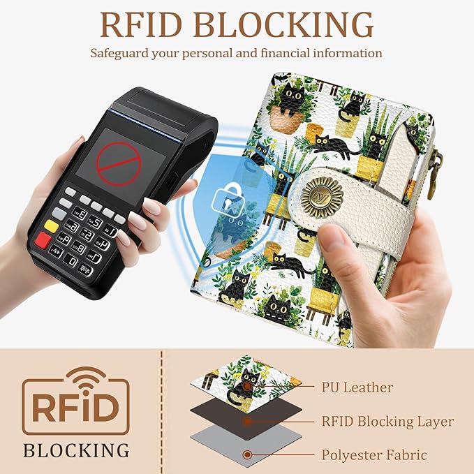 Black Cat Small Wallet Women RFID Blocking Bifold, Cute Credit Card Holder, Zipper Coin Pocket, Compact, Travel, PU Leather, 4 ID Window, 14 Card Slots, Cash Purse, Ladies Woman Female Girls