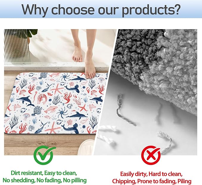 Cartoon Dolphin Bathroom Rug 29.5"x17",Shells Corals Quick-Drying Super Absorbent Diatomite Bath Mat with Non-Slip Backing, Thin Washable Bathroom Floor Mat Fits Under Door for Shower, Sink, or Tub