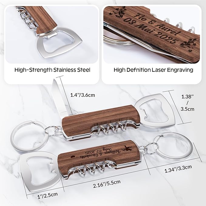 30PCS Personalized Rosewood Multifunctional Bottle Opener, Customized Favors Gifts for Wedding Birthday Party, Engraved Bottle Opener Keychains for Guest