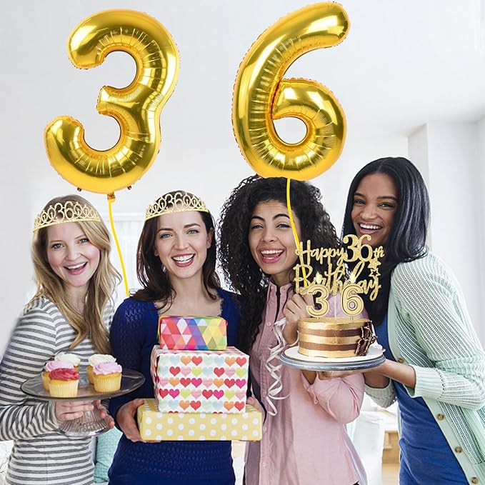 36th Birthday Decorations for Women Gold with 36th Birthday Sash and Tiara, Cake Topper and Candles, Number Balloons, 36 Year Old Gifts for Women