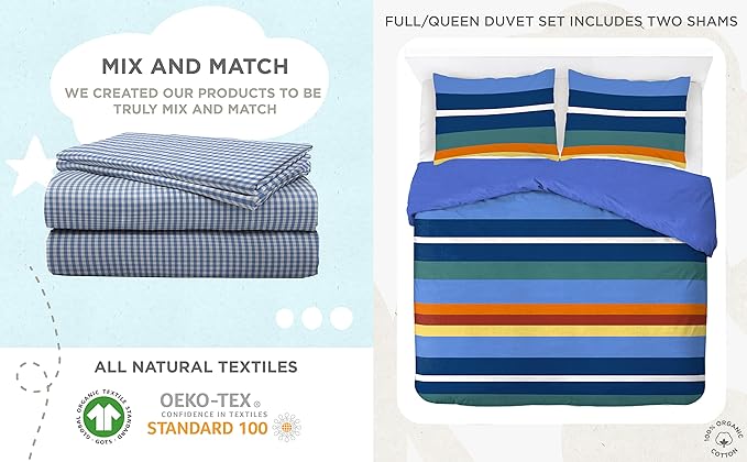 Saturday Park Vintage Stripe Full/Queen Duvet Cover & Sham Set - 3 Piece 100% Organic Cotton Duvet Set - GOTS & Oeko-TEX Certified