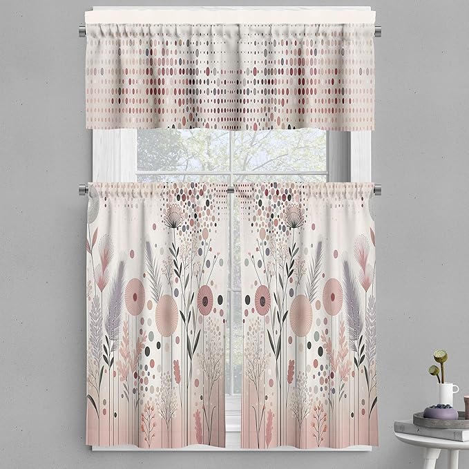 Ambesonne Pastel Valance & Tier Curtain 3 pcs Set, Pastel Abstract Botanical Ornament with Halftone Dots Delicate Meadow, Window Treatments for Kitchen Room Decor, 55" x 36", Blush Lilac and Eggshell