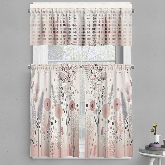 Ambesonne Pastel Valance & Tier Curtain 3 pcs Set, Pastel Abstract Botanical Ornament with Halftone Dots Delicate Meadow, Window Treatments for Kitchen Room Decor, 55" x 36", Blush Lilac and Eggshell
