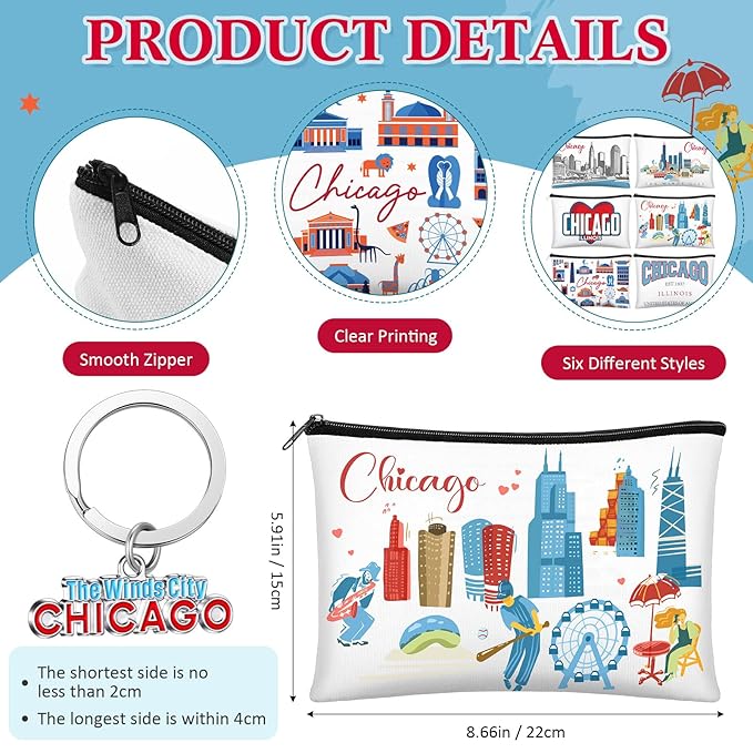 Landical 6 Sets Chicago Souvenir Gifts Include 6 Pcs Chicago Cosmetic Bag and 6 Pcs Metal Keychain for Women Traveler Christmas Party Gifts