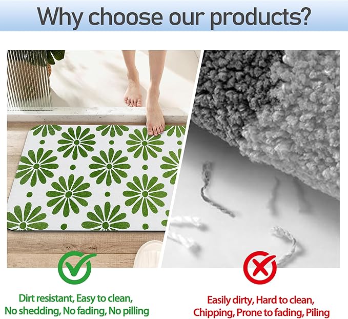 Bathroom Rug 29.5"x17",Green Flowers Bath Mat with Non-Slip Rubber Backing, Quick-Drying Absorbent Thin Floor Mat for Bathroom, Shower, Sink, or Kitchen