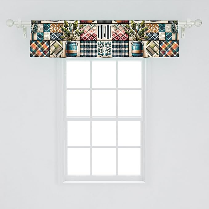 Ambesonne Bohemian Window Valance, Checkered Design Leafy Jar Illustration with Groovy Plaid Boho Modern, Curtain Valance for Kitchen Bedroom Decor with Rod Pocket, 42" x 12", Teal Pink and Green