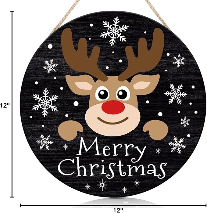 CHDITB Merry Christmas Sign,Reindeer Welcome WOOD SIGN, Farmhouse Round Xmas WOODEN SIGN,Funny Winter Wooden Door Hanger Decorative,Funny Holidays Deer Face Wooden Front Door Hanger