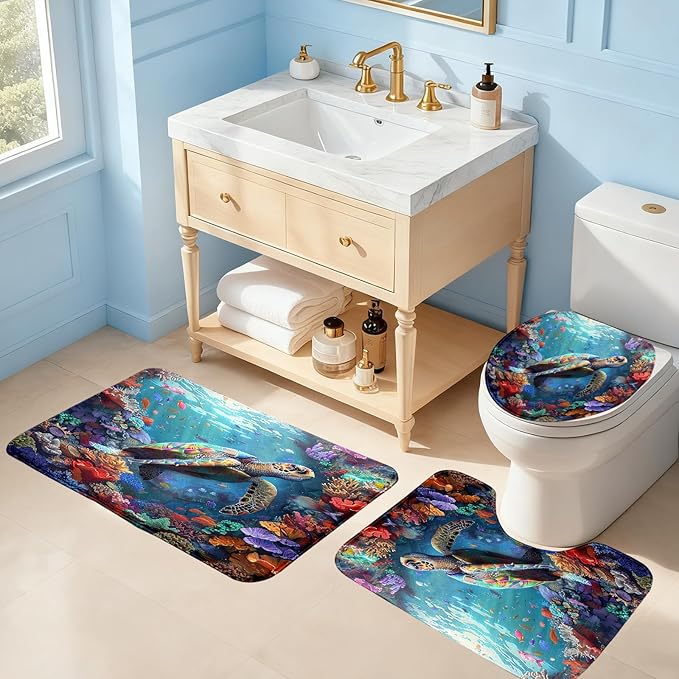 Turtle Shower Curtains for Bathroom - 4 Pcs Kids Shower Curtain Set Ocean Shower Curtains for Bathroom Sea Turtle Shower Curtain Set with Rug,Toilet Cover and Bath Mat with 12 Hooks