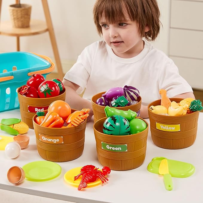 JOYIN Learning Toys Play Food Set for Toddlers, Cutting Food for Preschool Activities, Play Kitchen Accessories, Educational Toys, Color Sorting Set for Boys & Girls, Gifts for Christmas