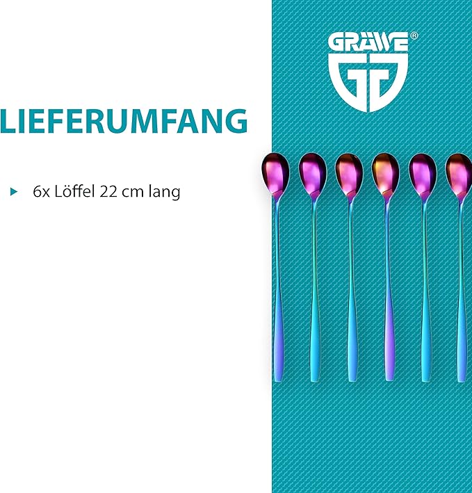 GRÄWE Long Handle Iced Tea Spoon, Coffee Spoon, Ice Cream Spoon, Spoons for desserts, Stainless Steel, Cocktail Stirring Spoons, Set of 6, Dishwasher Safe, Rainbow