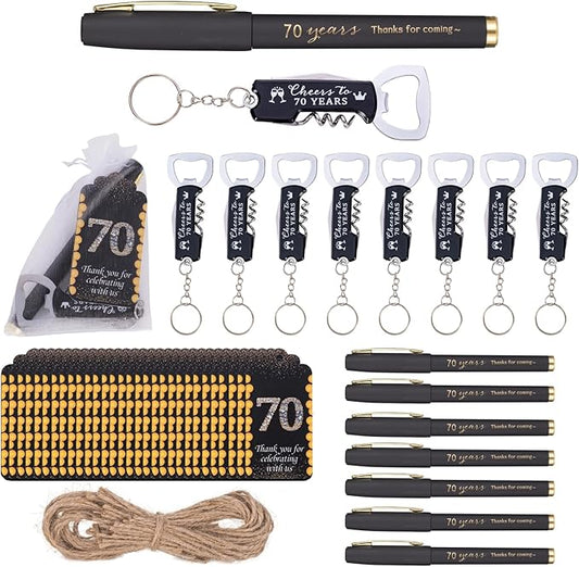 25sets 70th Birthday Party Favors for Guests Including Pens Bottle Opener Keychains Bulk Thank You Cards with Organza Gift Bags for Birthday Anniversary Souvenirs, Cheers to 70 Years